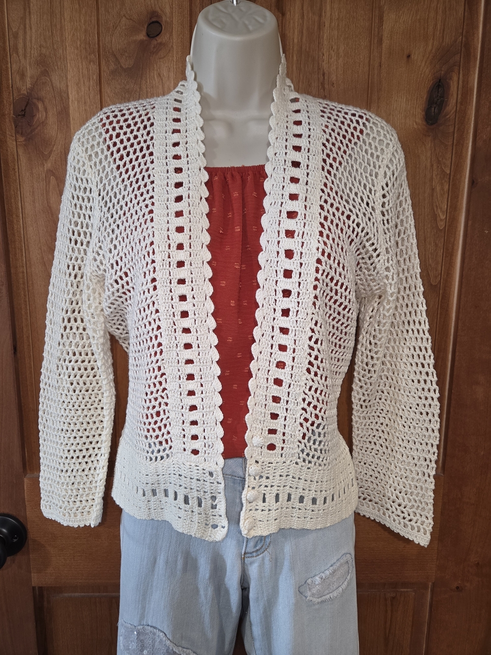 Liz Claiborne Cream Openwork Crochet Cardigan